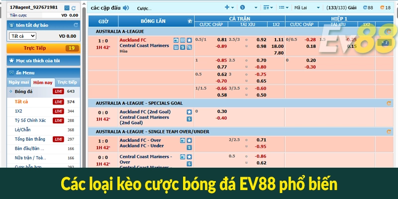 Các loại kèo cược bóng đá EV88 phổ biến