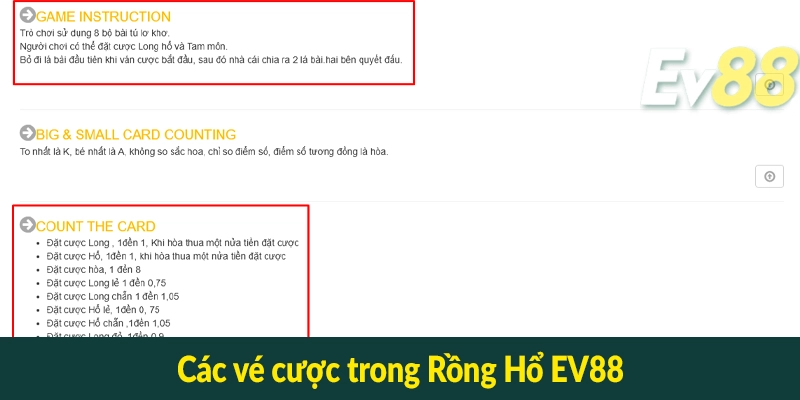 Các vé cược trong Rồng Hổ EV88