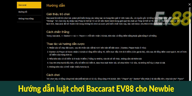 Hướng dẫn luật chơi Baccarat EV88 cho Newbie